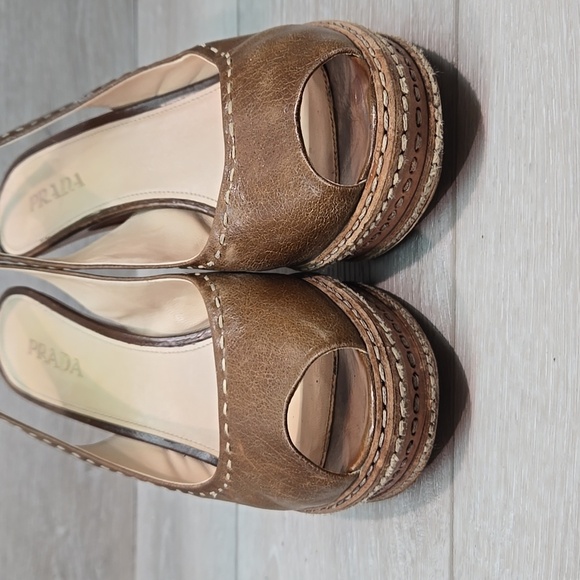 Prada Women Vintage Y2K Brown Peep-Toe Slingback Heels Shoes Sz 40/10 - Picture 5 of 13